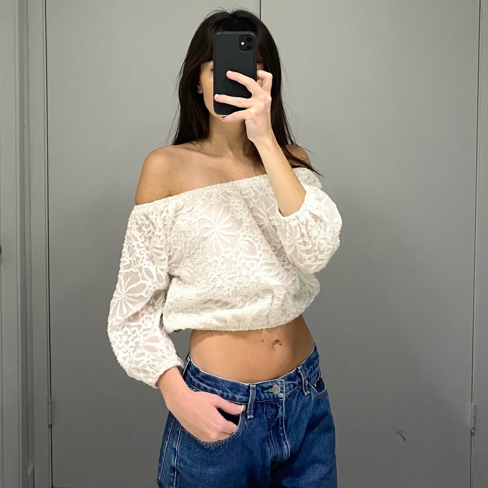 Tularosa Ivory Off-Shoulder Lace Crop Top